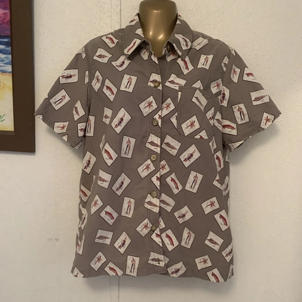 vintage Shirt Cotton Sun River Gray Feathers Print Button Down Short Sleeve Sz L